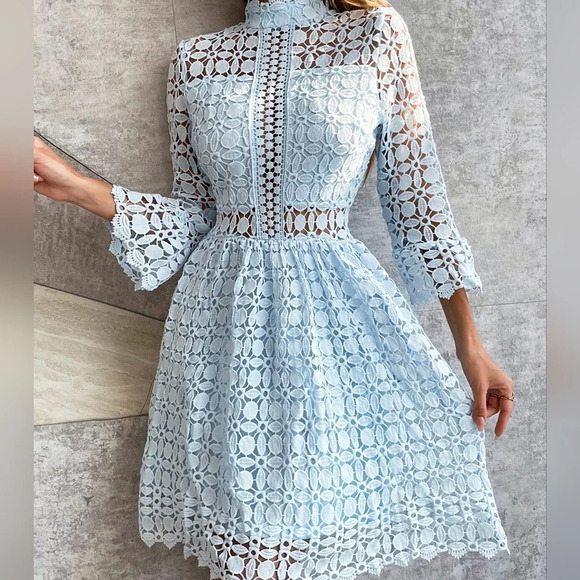 Insert Mock Neck Flounce Sleeve Lace Dress - Picture 1 of 6